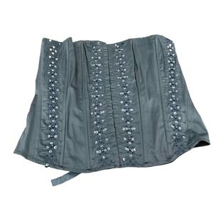 Embroidered Sequin Lace Up Corset Top Charcoal Grey Floral Boned Bodice Large